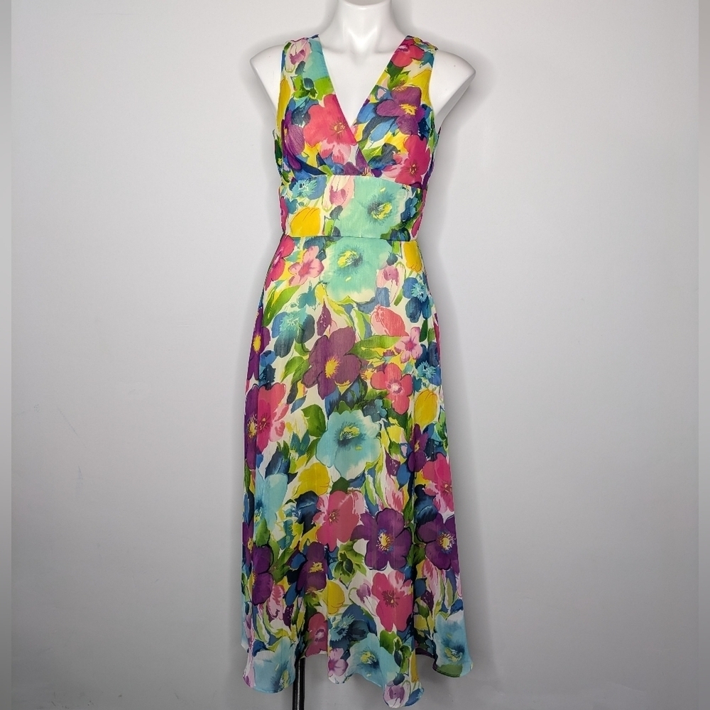 Coldwater Creek Colorful Floral Sleeveless V Neck Midi Dress 6